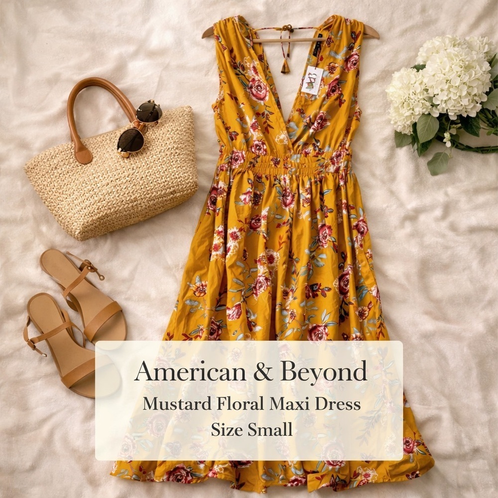 America & Beyond Mustard Floral Maxi Dress Tie Back Sleeveless NWT Size Small